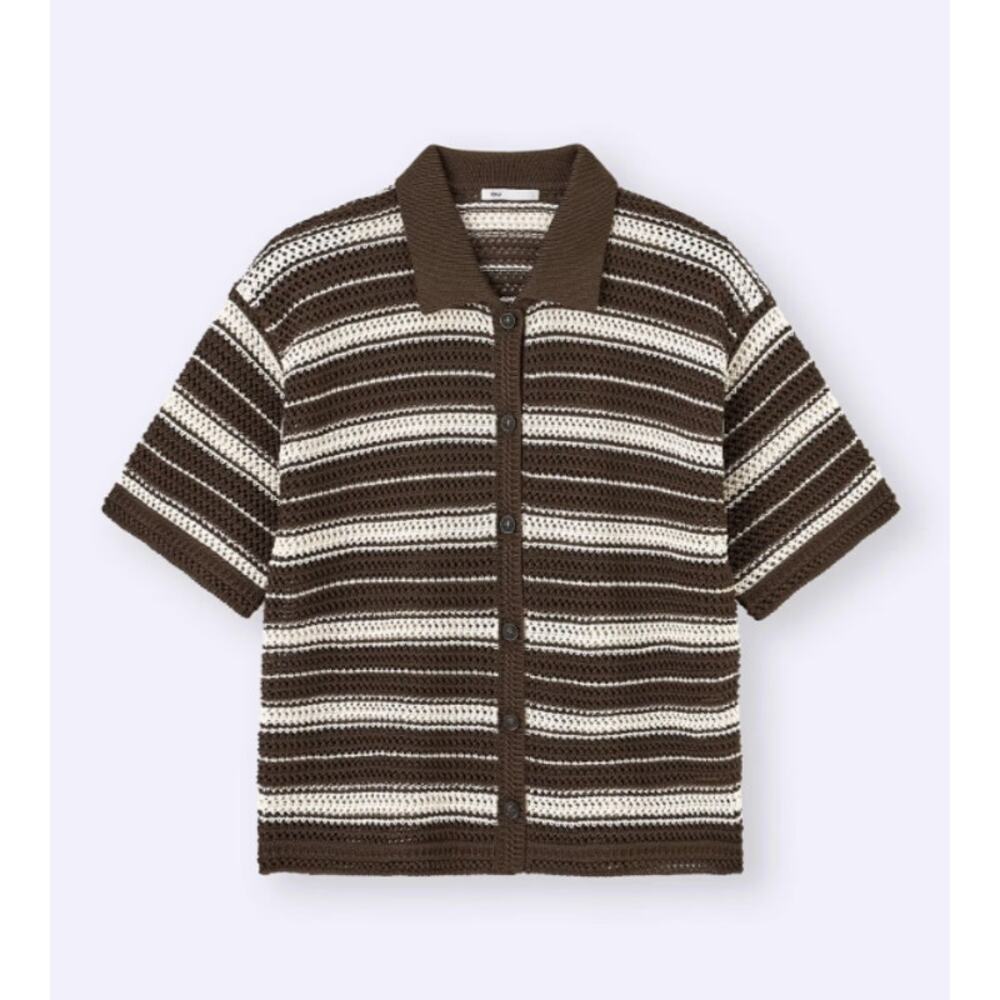 NWT GU Women's Large Lacy Stitch Striped Knitted Shirt Dark Brown Cream